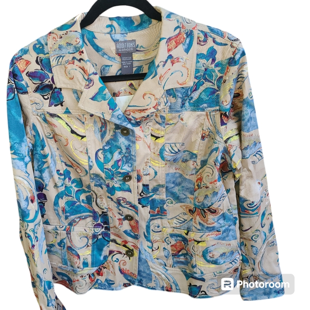 Chico's Floral Paisley Tan Blues Multi color cotton blend Women's Jacket‎ M - Picture 10 of 10